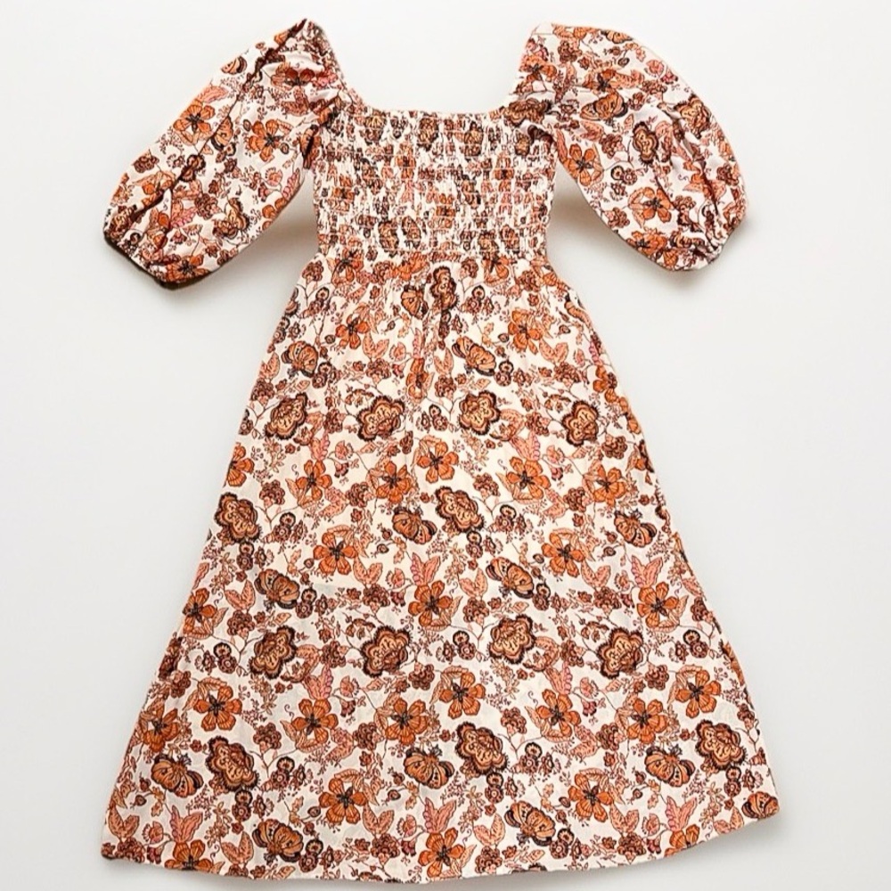 Sienna Sky Women’s Medium Boho Floral Smocked Maxi Dress Puff Sleeves